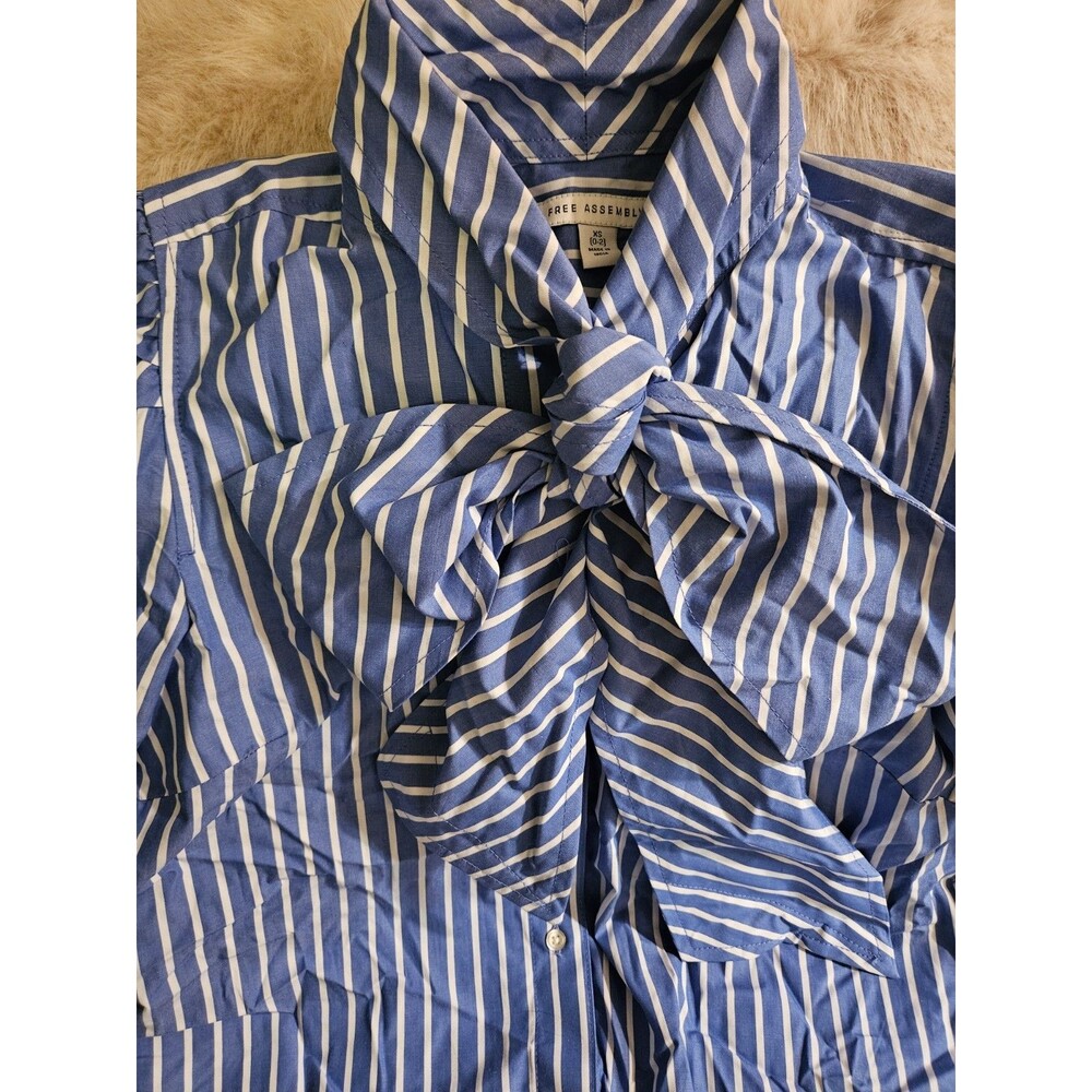 fr Womens XS Blue White Striped Bow Neck Blouse 100% Cotton Long Slee